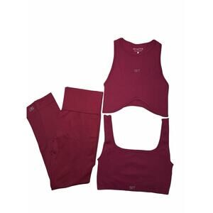 SET Active Burgundy 3-Piece Leggings & Crop Tops Set